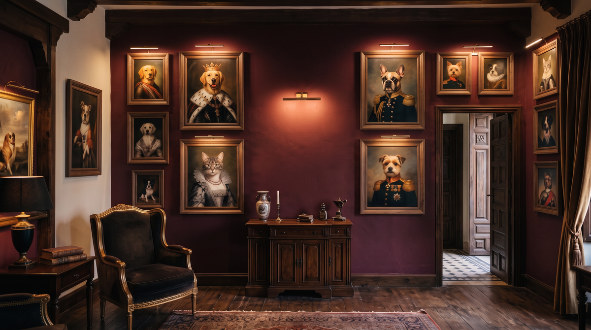 Galería de retratos reales de mascotas en un salón