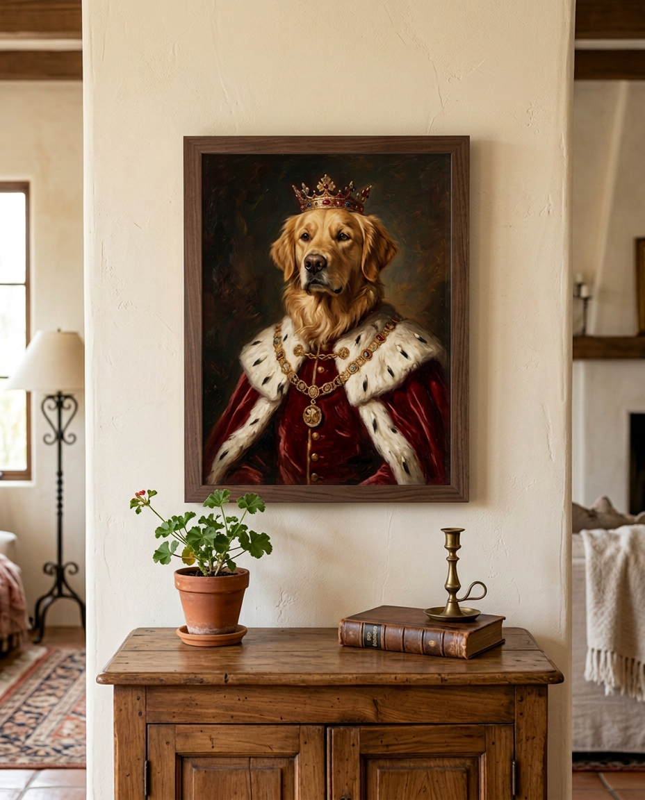 Retrato real de un golden retriever con marco de madera en un salón