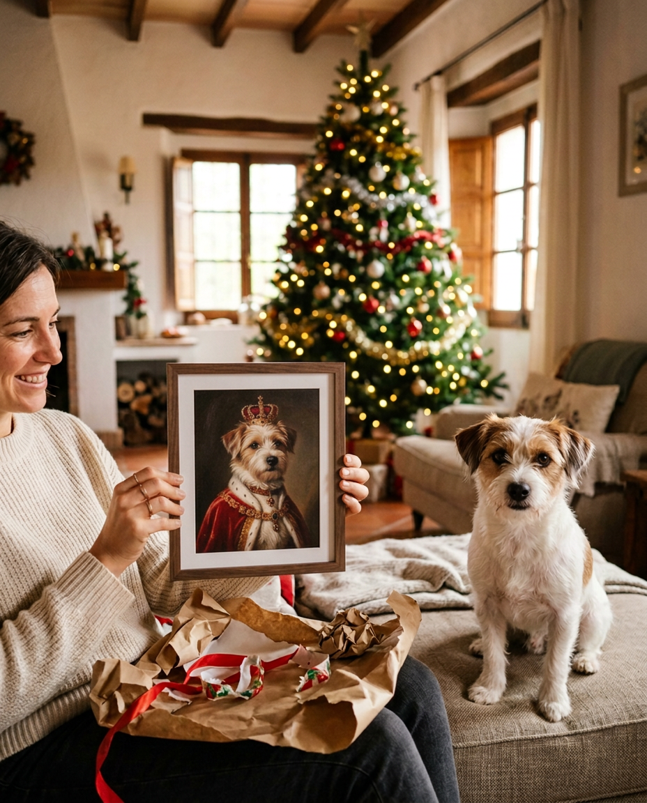 Regalo de Navidad: retrato real de un perro con marco de madera
