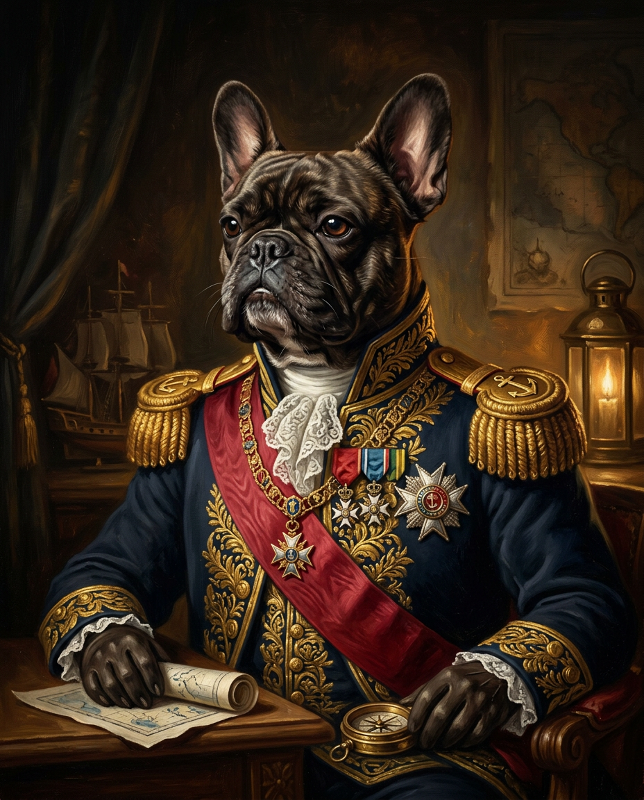 Retrato de un bulldog francés como almirante